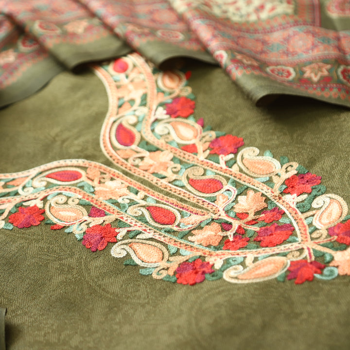 Ruchika Olive Green with Kashida Embroidery Semi Pashmina Winter Set