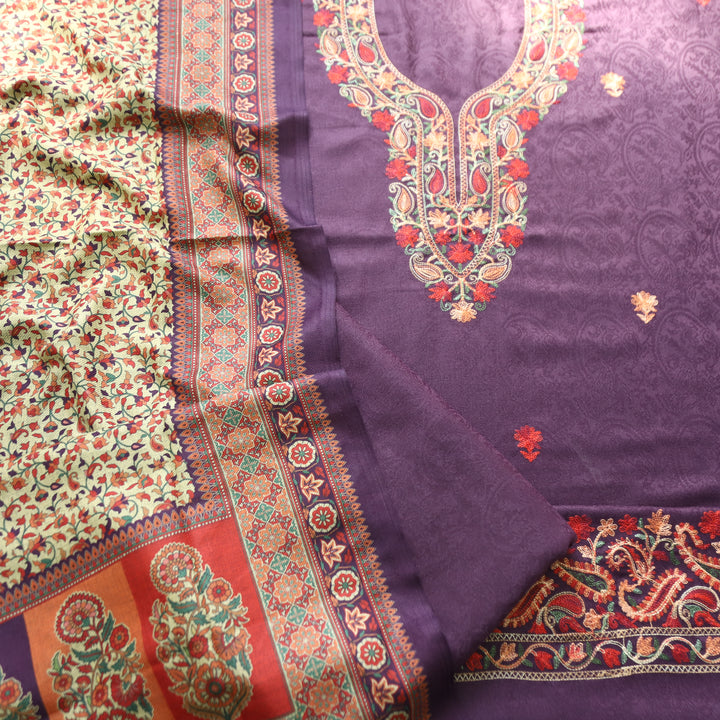 Ruchika Plum Mahogany with Kashida Embroidery Semi Pashmina Winter Set