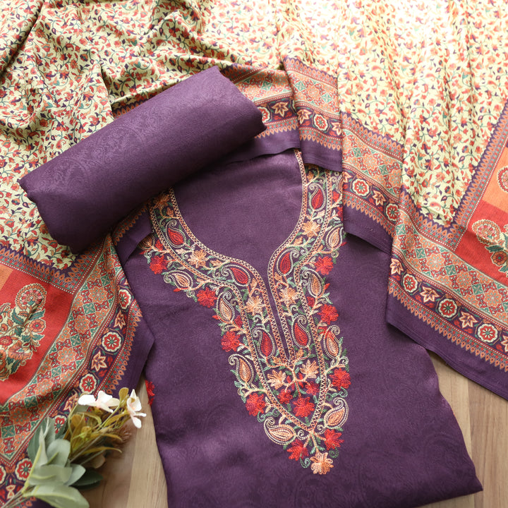 Ruchika Plum Mahogany with Kashida Embroidery Semi Pashmina Winter Set