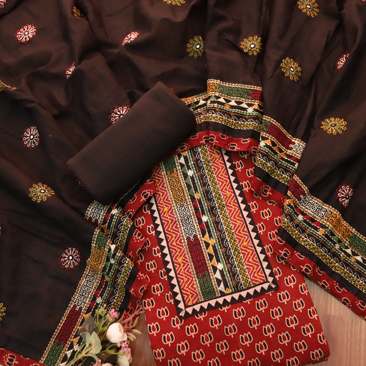 Hairat Apple Red Kutch Patch with Mirror Work Lotus Printed Cotton Suit Set