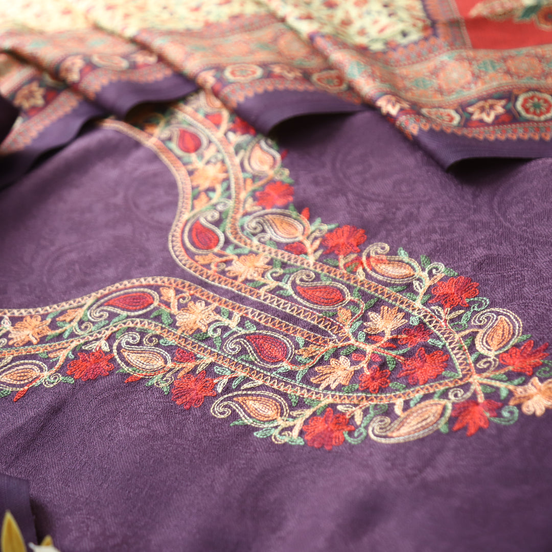 Ruchika Plum Mahogany with Kashida Embroidery Semi Pashmina Winter Set