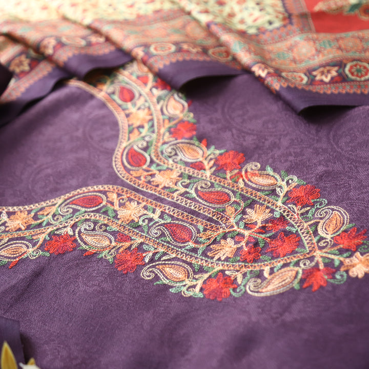 Ruchika Plum Mahogany with Kashida Embroidery Semi Pashmina Winter Set