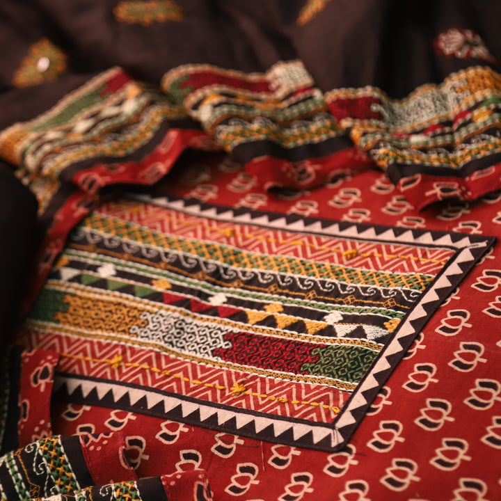 Hairat Apple Red Kutch Patch with Mirror Work Lotus Printed Cotton Suit Set