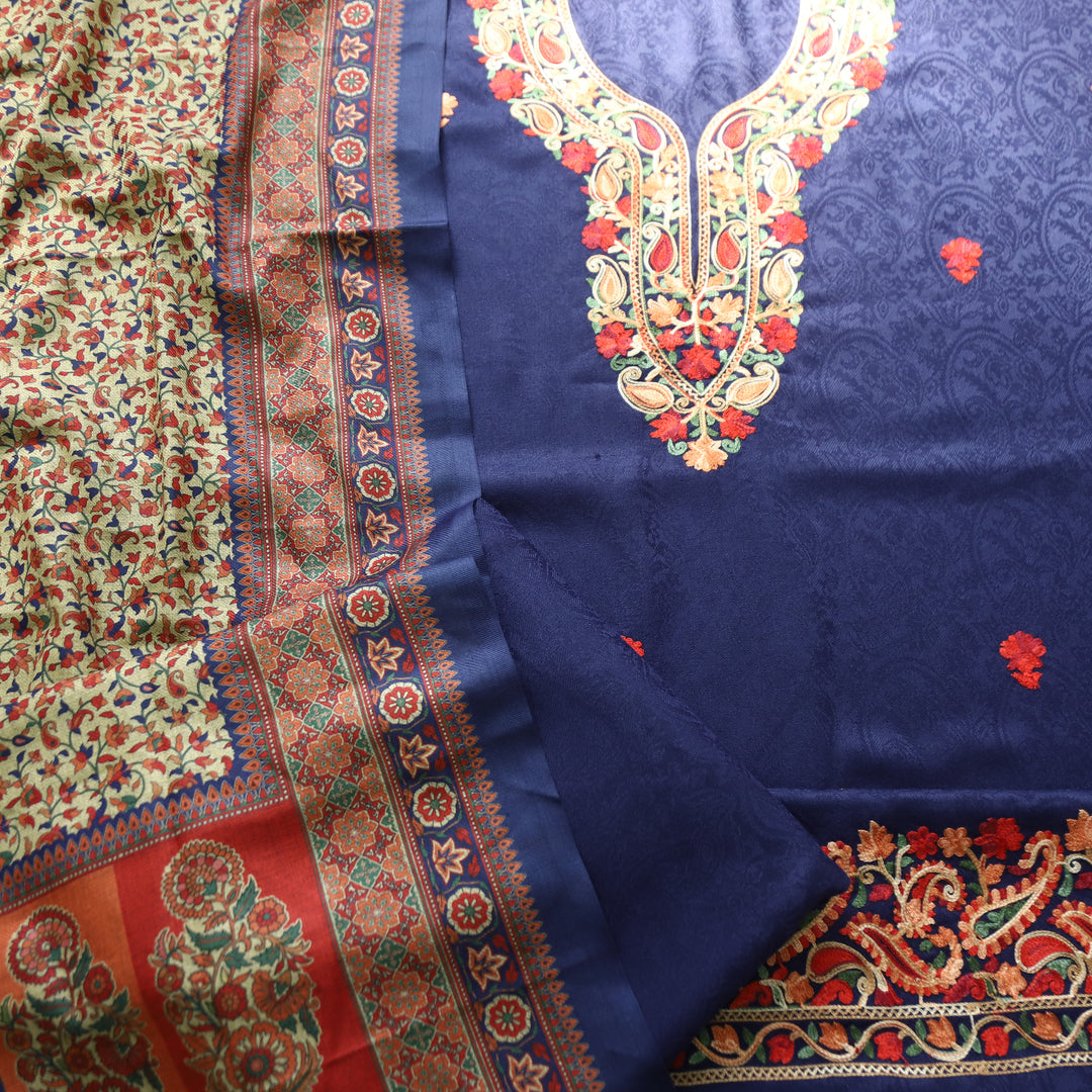 Ruchika Royal Blue with Kashida Embroidery Semi Pashmina Winter Set