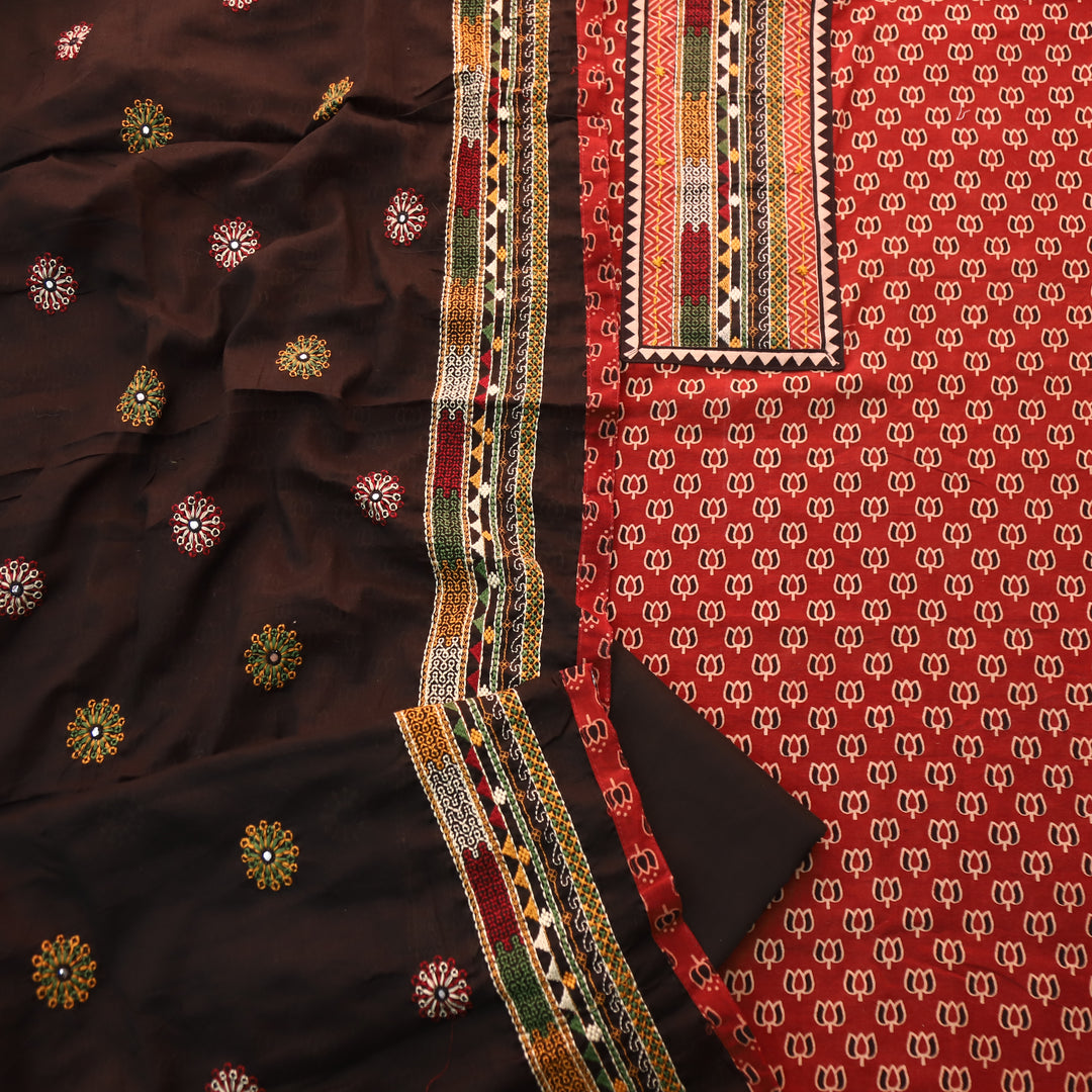 Hairat Apple Red Kutch Patch with Mirror Work Lotus Printed Cotton Suit Set