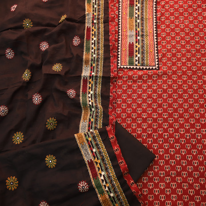 Hairat Apple Red Kutch Patch with Mirror Work Lotus Printed Cotton Suit Set
