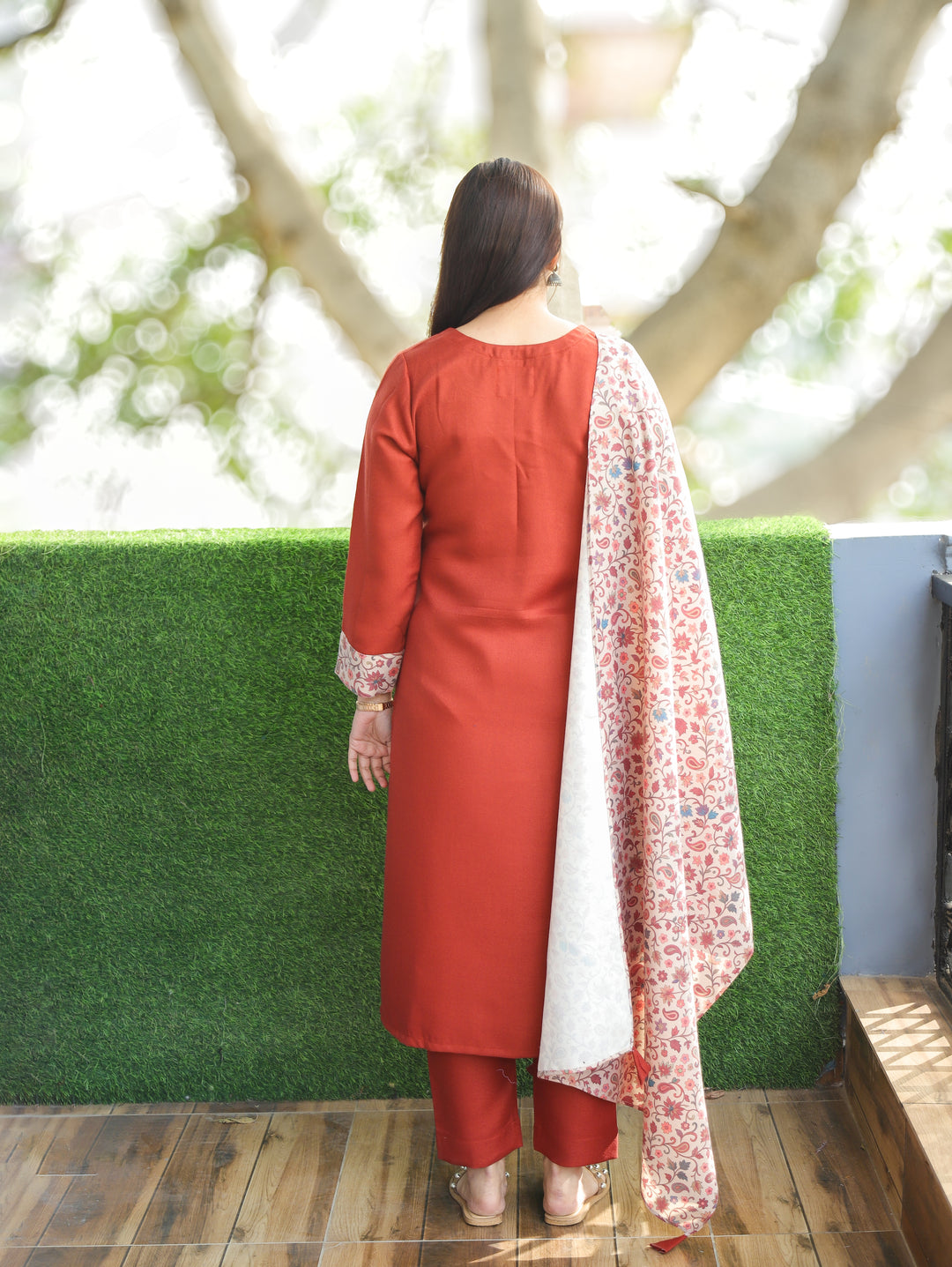 Tamanna Rust Orange Embroidered Kanni Patch Neck Work Semi Pashmina 3 Piece Set