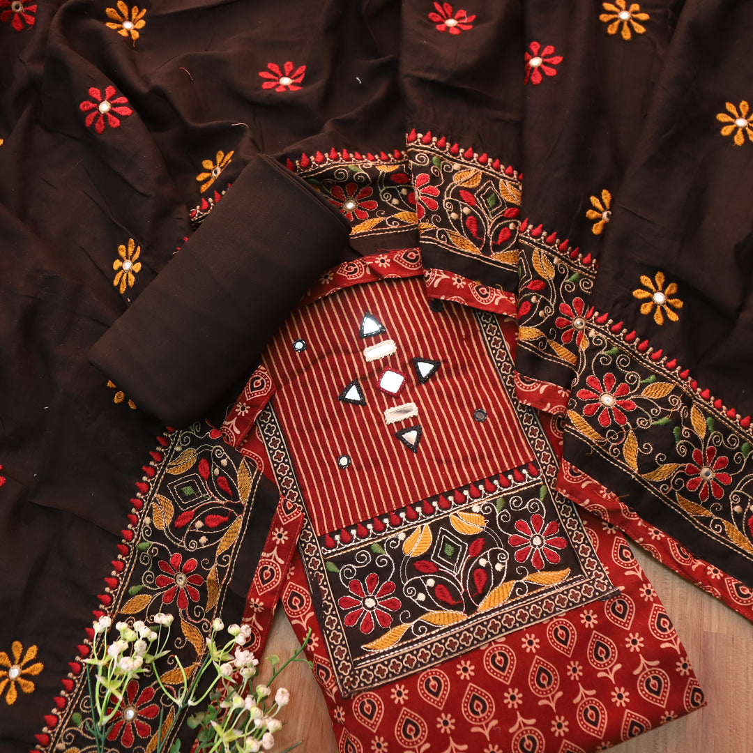 Hairat Apple Red Kutch Patch with Mirror Work Ajrak Printed Cotton Suit Set