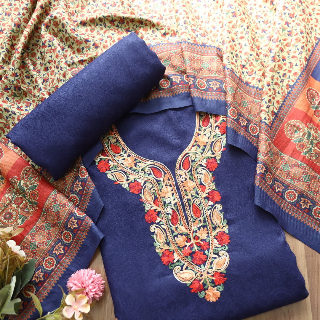 Ruchika Royal Blue with Kashida Embroidery Semi Pashmina Winter Set