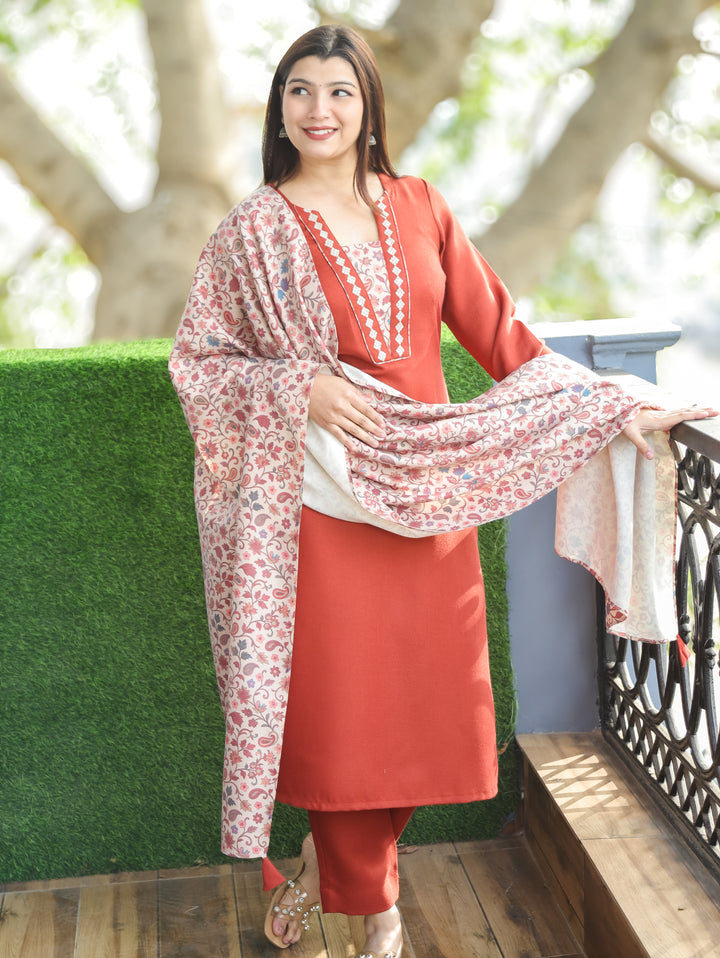 Tamanna Rust Orange Embroidered Kanni Patch Neck Work Semi Pashmina 3 Piece Set