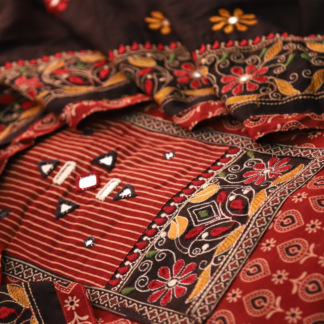 Hairat Apple Red Kutch Patch with Mirror Work Ajrak Printed Cotton Suit Set