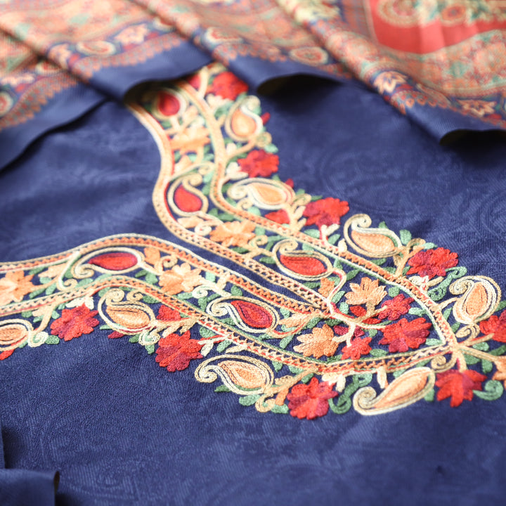 Ruchika Royal Blue with Kashida Embroidery Semi Pashmina Winter Set