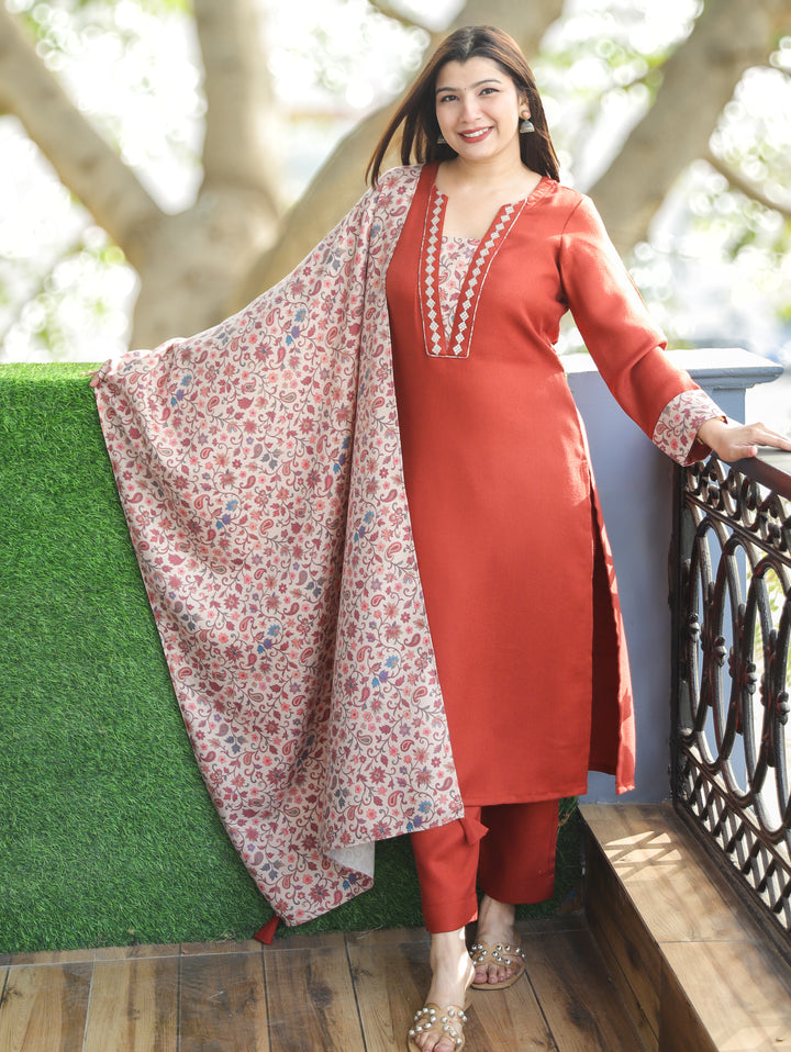 Tamanna Rust Orange Embroidered Kanni Patch Neck Work Semi Pashmina 3 Piece Set