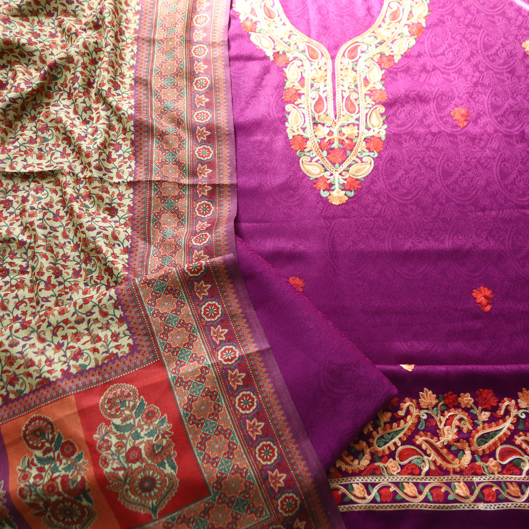 Ruchika Vibrant Purple with Kashida Embroidery Semi Pashmina Winter Set