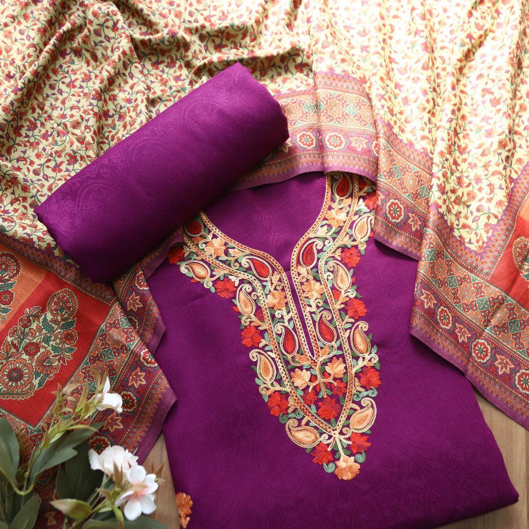 Ruchika Vibrant Purple with Kashida Embroidery Semi Pashmina Winter Set