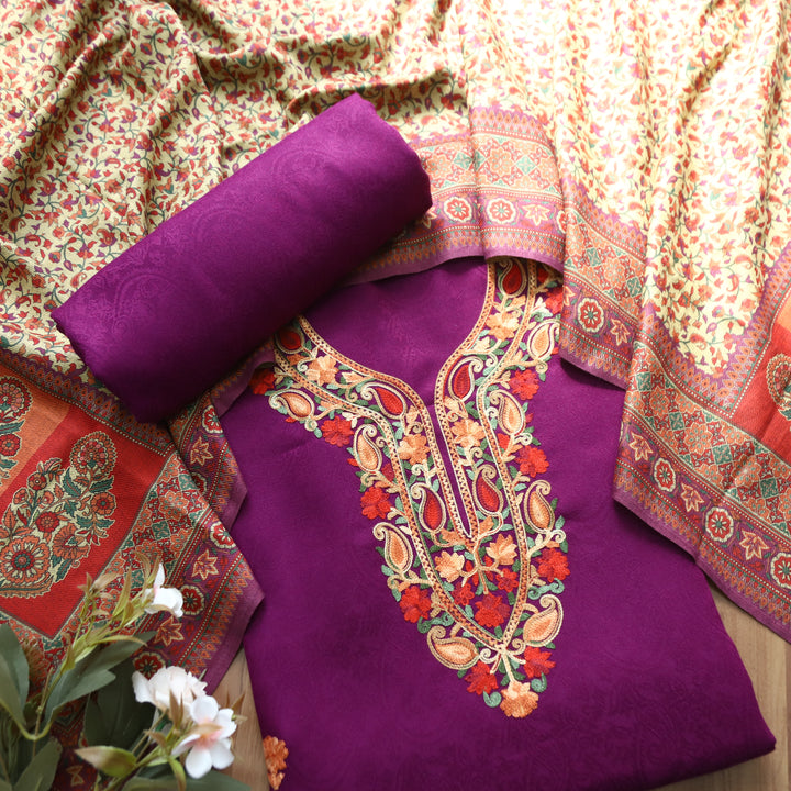 Ruchika Vibrant Purple with Kashida Embroidery Semi Pashmina Winter Set