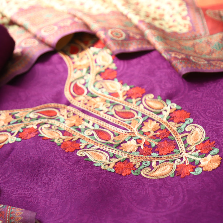 Ruchika Vibrant Purple with Kashida Embroidery Semi Pashmina Winter Set