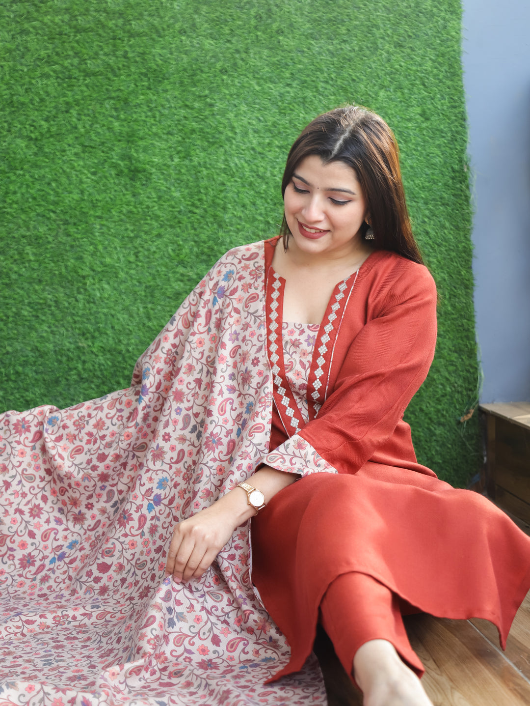Tamanna Rust Orange Embroidered Kanni Patch Neck Work Semi Pashmina 3 Piece Set