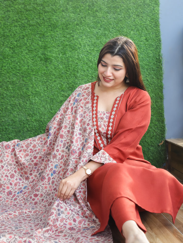 Tamanna Rust Orange Embroidered Kanni Patch Neck Work Semi Pashmina 3 Piece Set