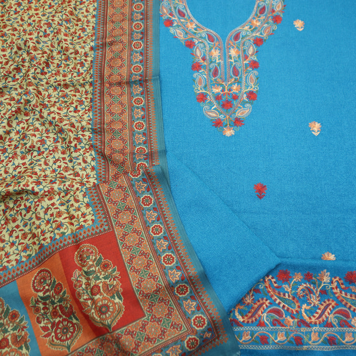 Ruchika Aqua Blue with Kashida Embroidery Semi Pashmina Winter Set