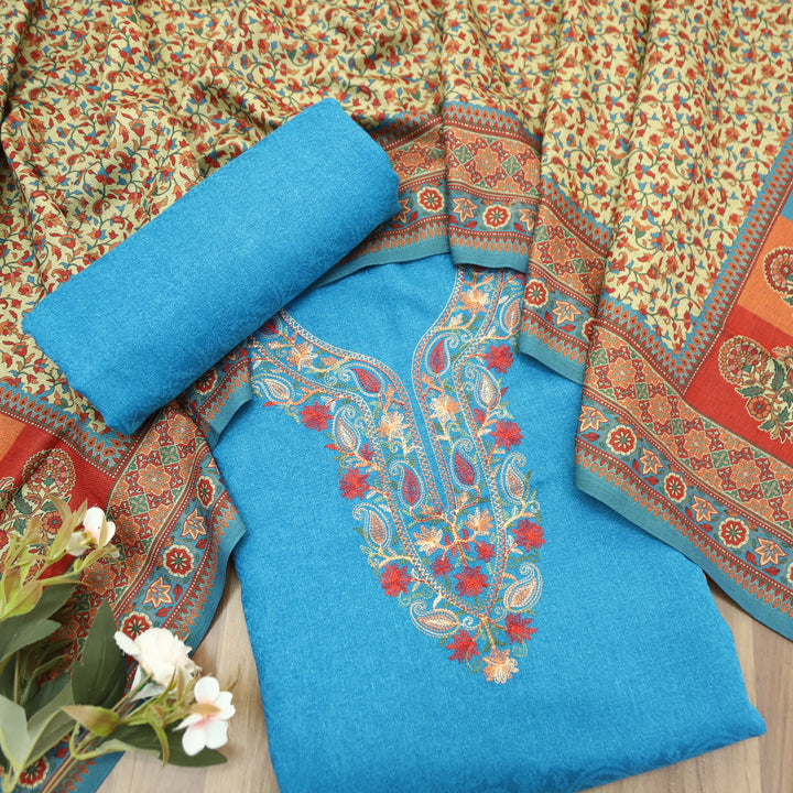 Ruchika Aqua Blue with Kashida Embroidery Semi Pashmina Winter Set