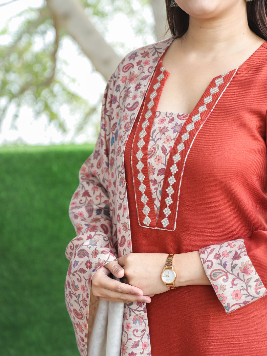 Tamanna Rust Orange Embroidered Kanni Patch Neck Work Semi Pashmina 3 Piece Set