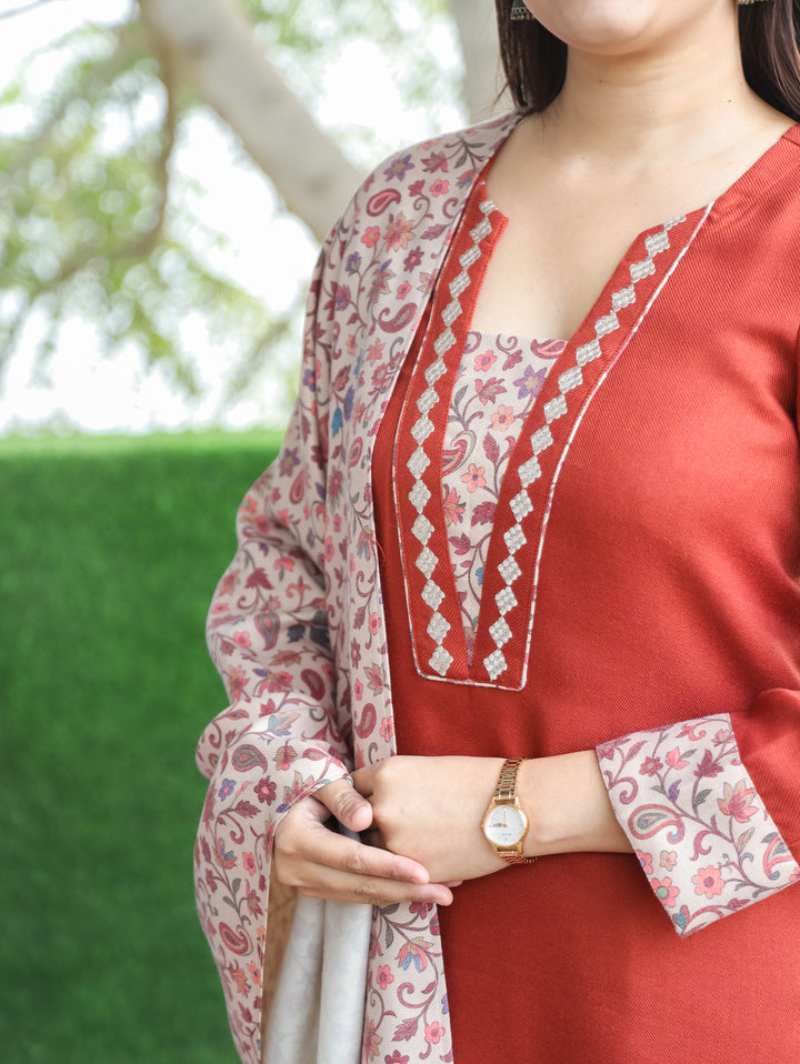 Tamanna Rust Orange Embroidered Kanni Patch Neck Work Semi Pashmina 3 Piece Set