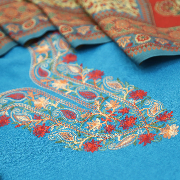Ruchika Aqua Blue with Kashida Embroidery Semi Pashmina Winter Set