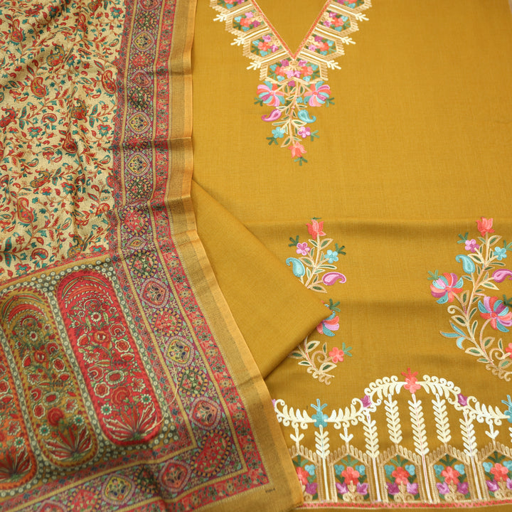 Suhani Dijon Yellow Elegant Kashida Embroidery Semi Pashmina Winter Set