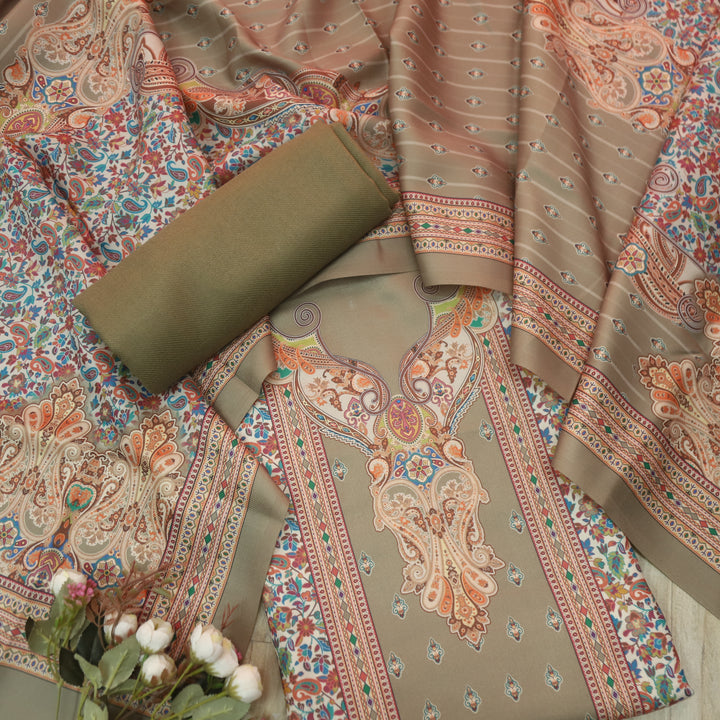 Clara Hazelnut Beige Digital Print In Semi Pashmina Winter Suit Set