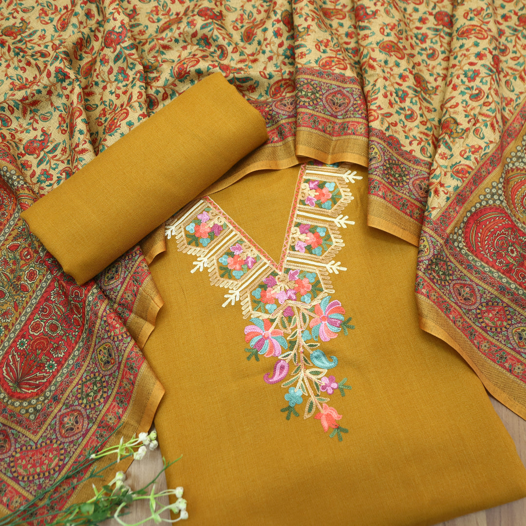 Suhani Dijon Yellow Elegant Kashida Embroidery Semi Pashmina Winter Set