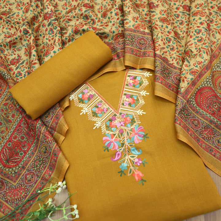 Suhani Dijon Yellow Elegant Kashida Embroidery Semi Pashmina Winter Set