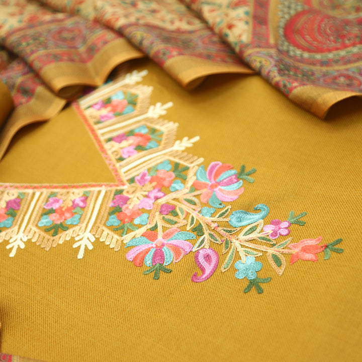 Suhani Dijon Yellow Elegant Kashida Embroidery Semi Pashmina Winter Set