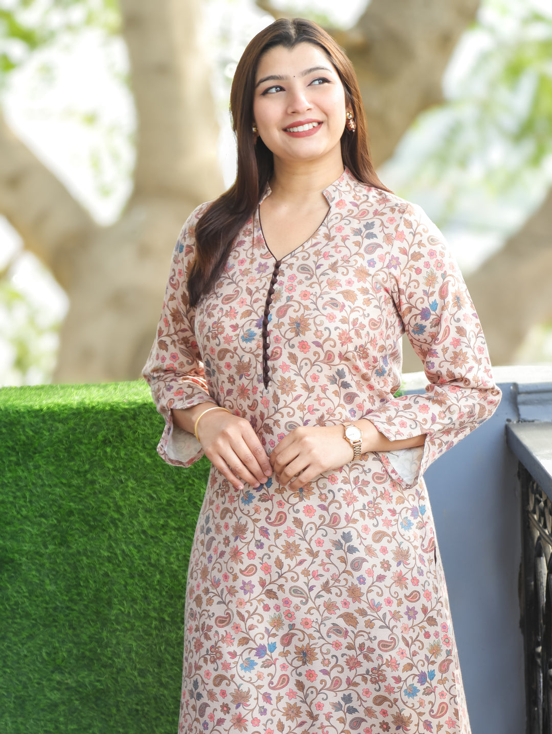 Jhanvi Beige with Brown Kanni Printed with Potli Button Winter Semi Pashmina Kurti