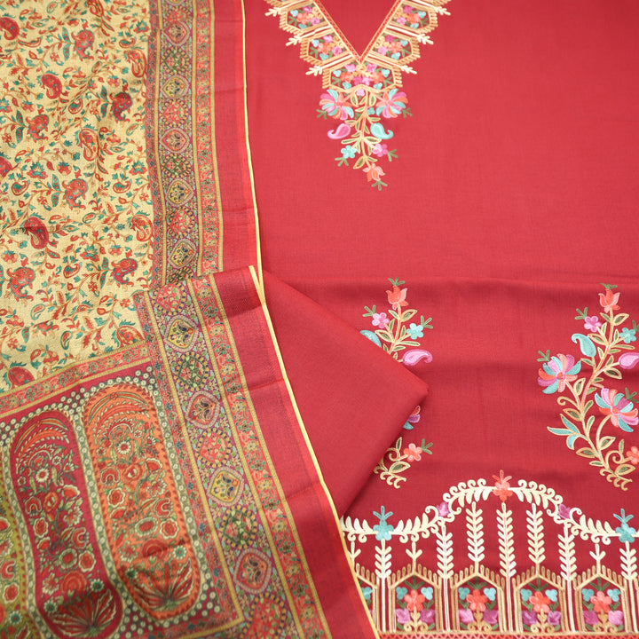 Suhani Manchester Red Elegant Kashida Embroidery Semi Pashmina Winter Set