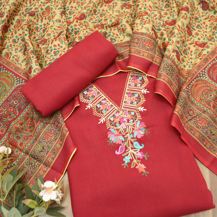 Suhani Manchester Red Elegant Kashida Embroidery Semi Pashmina Winter Set