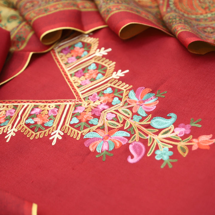 Suhani Manchester Red Elegant Kashida Embroidery Semi Pashmina Winter Set