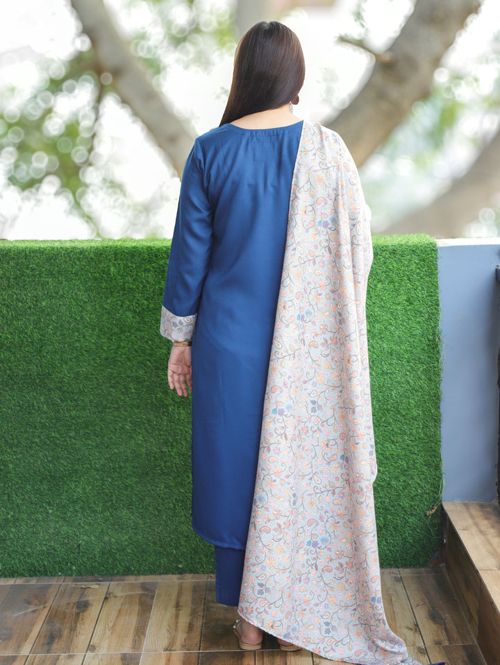 Tamanna Sapphire Blue Embroidered Kanni Patch Neck Work Semi Pashmina 3 Piece Set