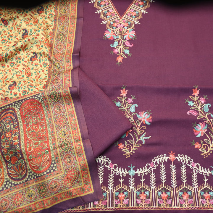 Suhani Plum Mahogany Elegant Aari Embroidery Semi Pashmina Winter Set