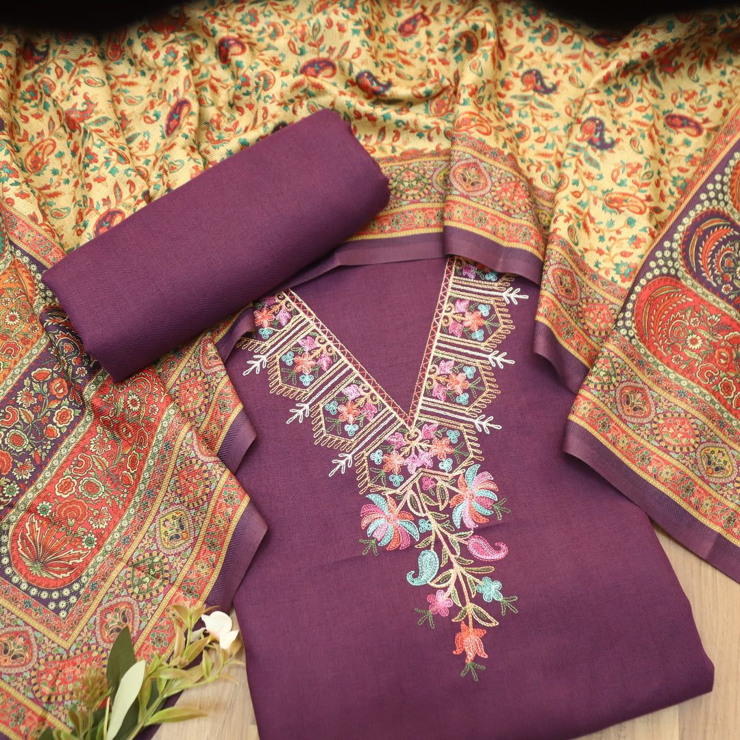 Suhani Plum Mahogany Elegant Aari Embroidery Semi Pashmina Winter Set