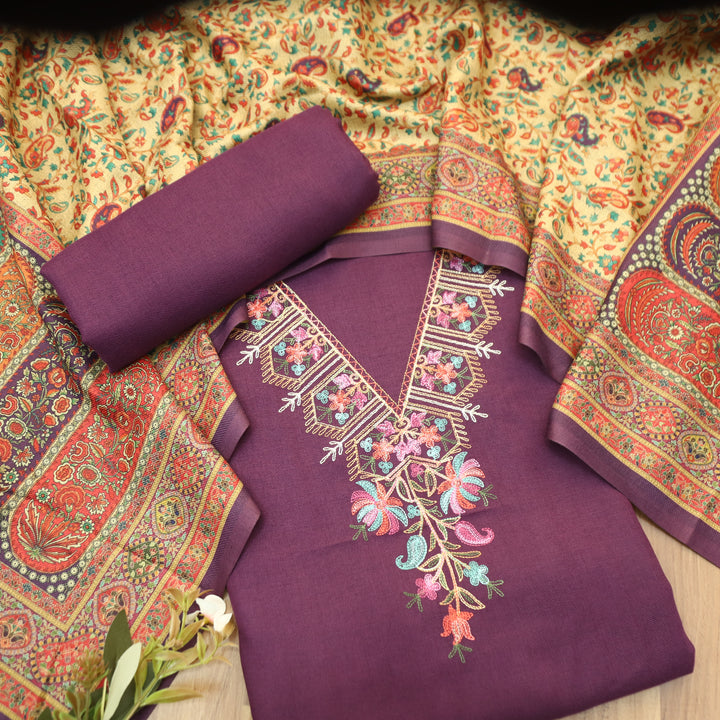 Suhani Plum Mahogany Elegant Aari Embroidery Semi Pashmina Winter Set