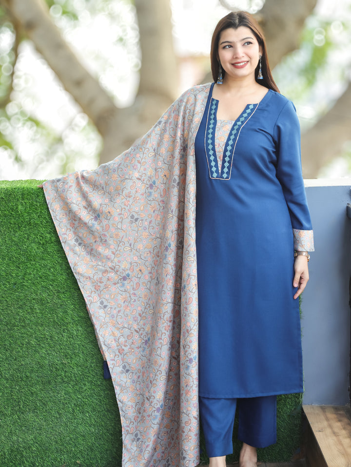 Tamanna Sapphire Blue Embroidered Kanni Patch Neck Work Semi Pashmina 3 Piece Set