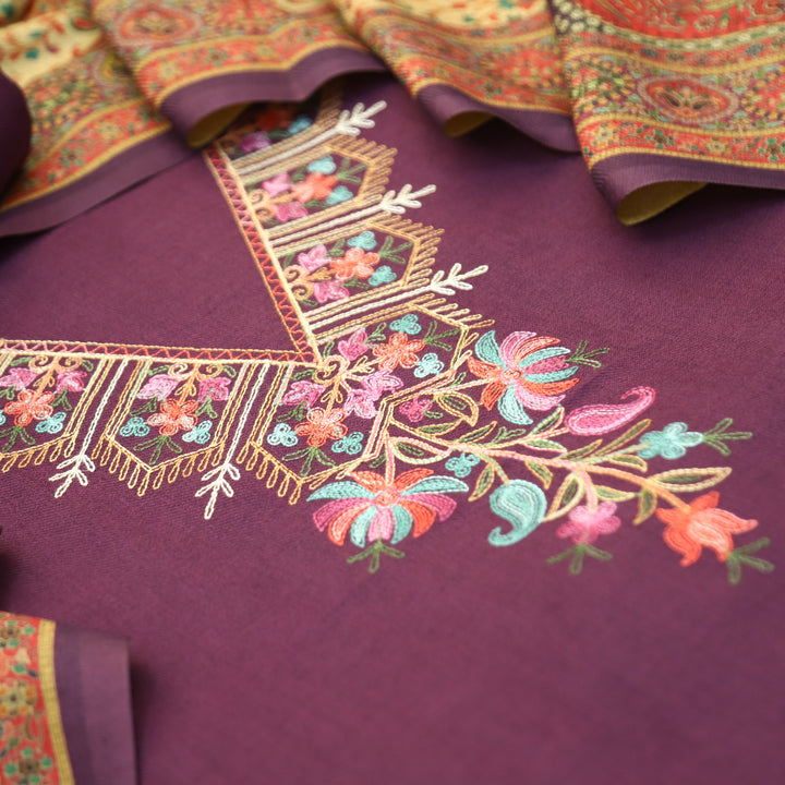 Suhani Plum Mahogany Elegant Aari Embroidery Semi Pashmina Winter Set