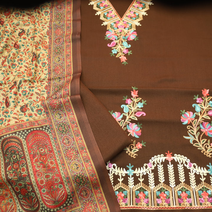 Suhani Chocolate Brown Elegant Kashida Embroidery Semi Pashmina Winter Set