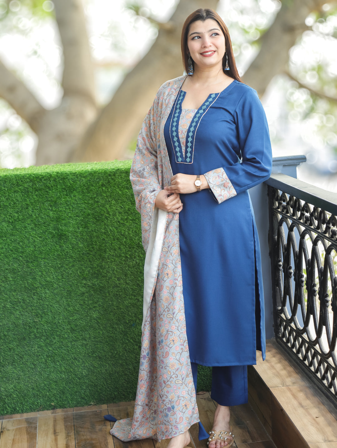 Tamanna Sapphire Blue Embroidered Kanni Patch Neck Work Semi Pashmina 3 Piece Set