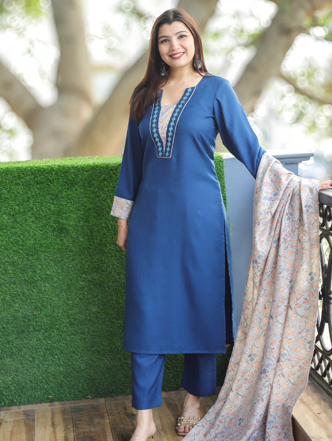 Tamanna Sapphire Blue Embroidered Kanni Patch Neck Work Semi Pashmina 3 Piece Set