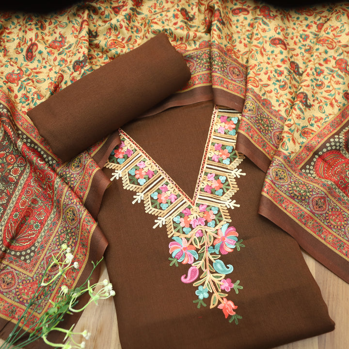 Suhani Chocolate Brown Elegant Kashida Embroidery Semi Pashmina Winter Set