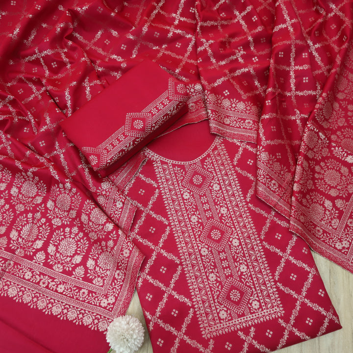 Numaaish Hot Pink Zari Weaved Neck Semi Pashmina Winter Suit Set