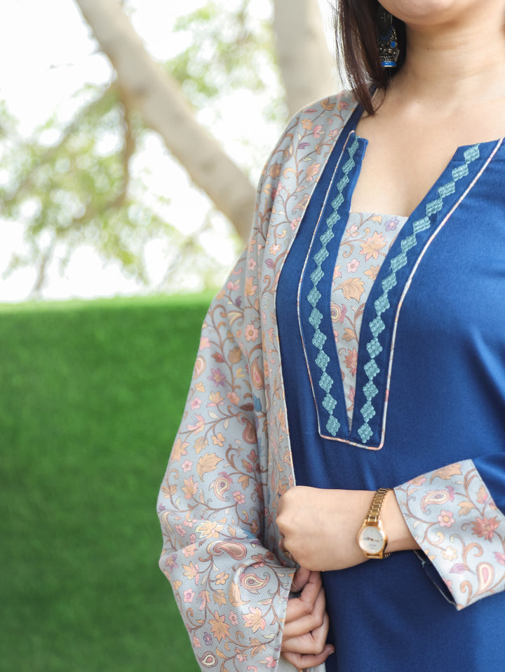 Tamanna Sapphire Blue Embroidered Kanni Patch Neck Work Semi Pashmina 3 Piece Set