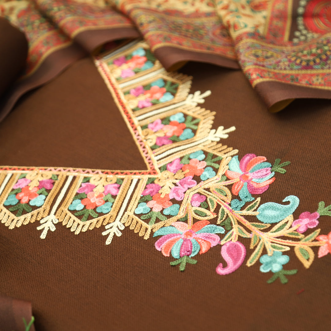 Suhani Chocolate Brown Elegant Kashida Embroidery Semi Pashmina Winter Set
